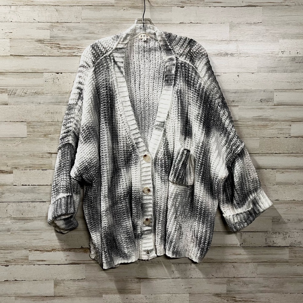 POL Grey/White Tie-Day Velvet Chenille Chunky Knit Oversized Button-Up Sweater